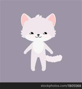 Cute white kawaii cat stands isolated on gray background