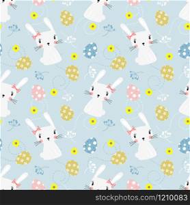Cute white rabbit and easter eggs seamless pattern. Lovely bunny on easter background.