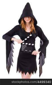 Cute witch with movie board isolated on white
