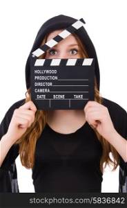 Cute witch with movie board isolated on white