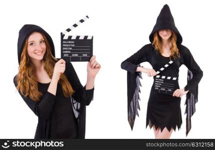 Cute witch with movie board isolated on white. The cute witch with movie board isolated on white
