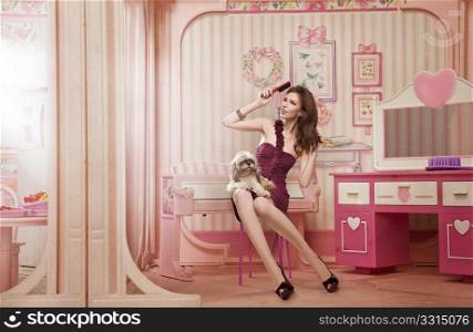 Cute woman as a doll in her living room