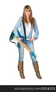 Cute Woman with a Blue Electric Guitar Isolated on White