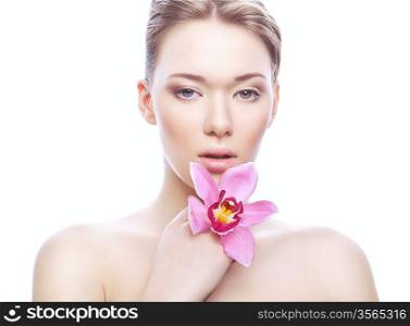 cute woman with clean skin and flower on white background