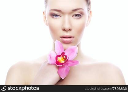 cute woman with clean skin and pink flower on white background