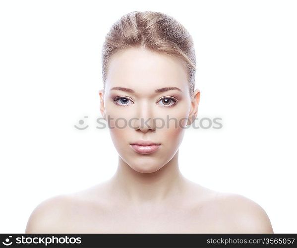 cute woman with clean skin on white background