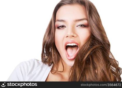 cute woman with opened mouth on white background
