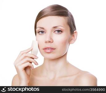 cute woman with powder puff on white background