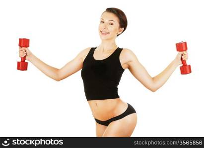 cute woman with red dumbbells in hands on white background