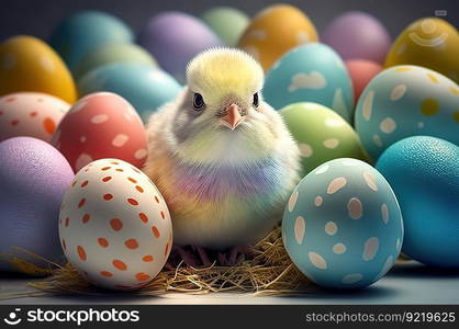 Cute yellow chick among Easter multi-colored chicken eggs. Handmade painted eggs for Easter day. AI generated.. Cute yellow chick among easter colorful chicken eggs. AI generated.