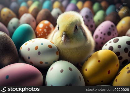 Cute yellow chick among Easter multi-colored chicken eggs. Handmade painted eggs for Easter day. AI generated.. Cute yellow chick among easter colorful chicken eggs. AI generated.