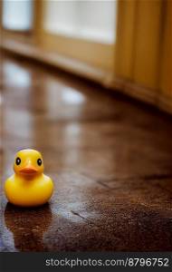 Cute yellow rubber duck on ground 3d illustrated