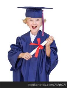 Cute Young Caucasian Boy Wearing Graduation Cap and Gown Isolated On A White Background.