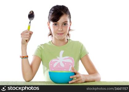 Cute young girl with blue bowl a over white background