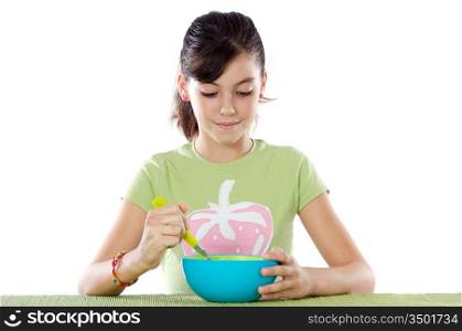 Cute young girl with empty blue bowl