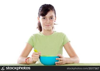 Cute young girl with empty blue bowl