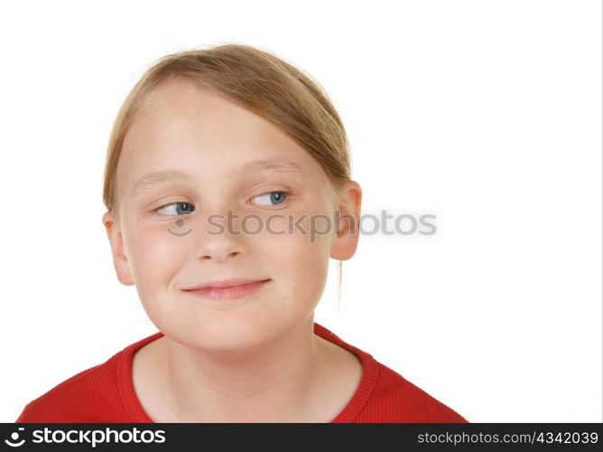 cute young girl with eyes looking at white copyspace