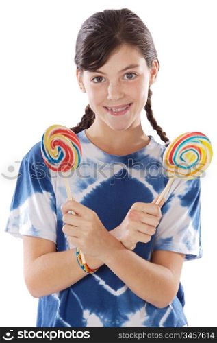 Cute young girl with two lollipops over white background