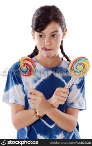 Cute young girl with two lollipops over white background