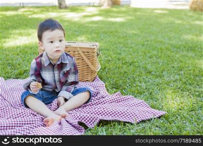Cute Young Mixed Race Boy Sitting in Park Near Picnic Basket.