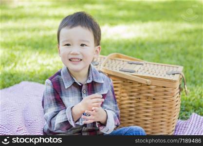 Cute Young Mixed Race Boy Sitting in Park Near Picnic Basket.