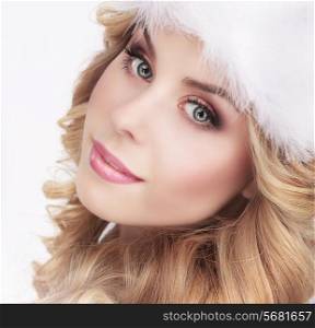 Cute Young Woman in Furry White Cap