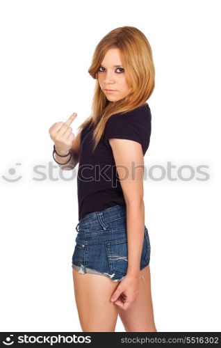 Cute Young Woman Showing her Finger Isolated on White