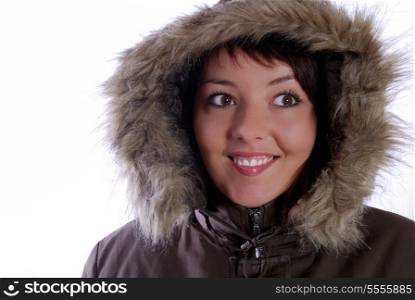 Cute young woman smiling in winter jacket