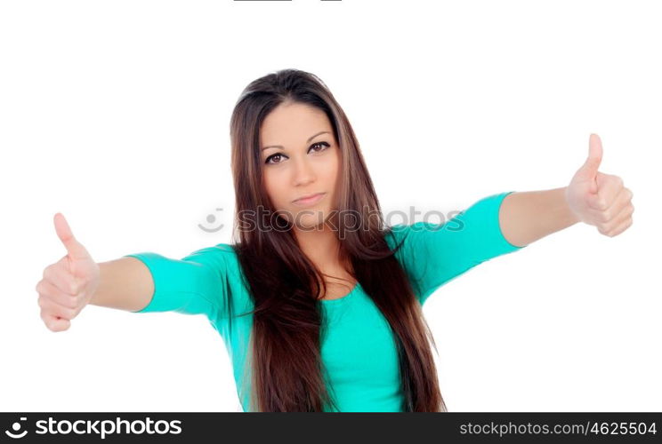 Cute young woman with thumbs up isolated on a white background