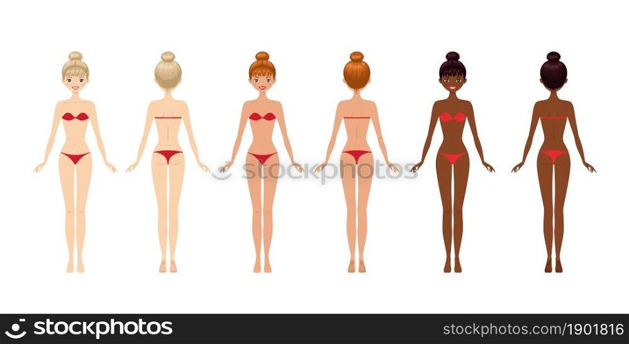 Cute young women with different colored skin on white background. Cartoon flat style. Vector illustration