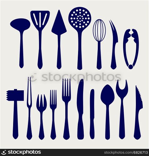 Cutlery icons on grey backgound. Fork, knife, spoon and other cutlery icons on grey backgound. Vector illustration
