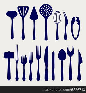 Cutlery icons on grey backgound. Fork, knife, spoon and other cutlery icons on grey backgound. Vector illustration