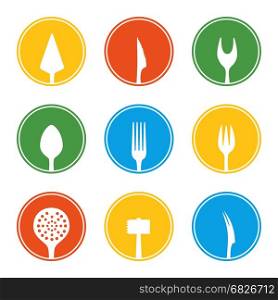 Cutlery icons set in circles. Fork, knife, spoon and other cutlery icon set in flat style. Vector illustration