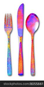 Cutlery set colourfull with Fork, Knife and Spoon on white background