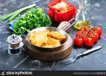cutlets from chicken in pan and on a table