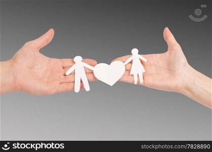 Cutout paper chain family with the protection of cupped hands, concept for security and care