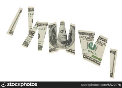 Cutted dollar banknote- money financial concept isolated on white background