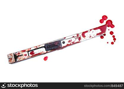 Cutter knife bloody on white background, Social violence Halloween concept