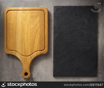 cutting board at grey stone table background texture
