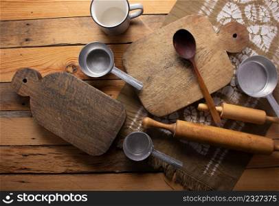 Cutting board at wood background top table. Bread concept recipe