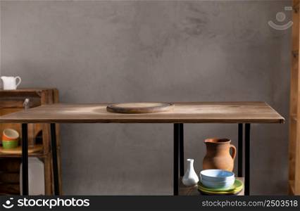 Cutting board on wood background top table. Wooden pizza board in kitchen