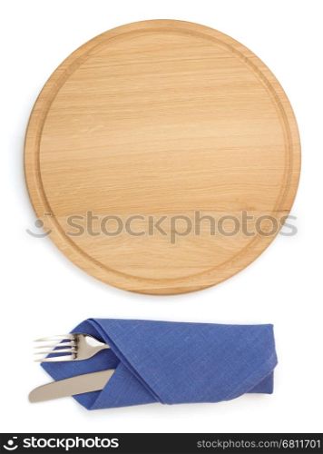 cutting board with fork and knife isolated on white background