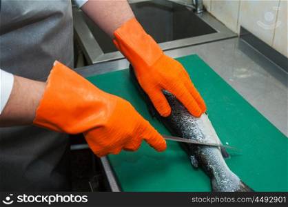 cutting salmon fish. Chef cutting salmon fish with knife