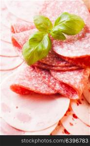 Cutting sausage and cold salami slices close up. Types of sausage appetizer
