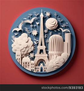 Cutting through Bastille Day Minimalistic Paper Craft Illustration in 3D Style. For print, web design, UI, poster and other.