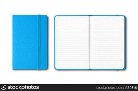 Cyan blue closed and open lined notebooks mockup isolated on white. Cyan blue closed and open lined notebooks isolated on white
