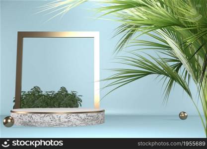 cyan Tropical granite Podium geometric and plants decoration on black background .3D rendering