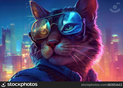 Cyber cat glasses. Neon light. Generate Ai. Cyber cat glasses. Generate Ai