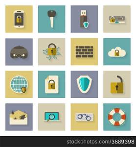 Cyber defense flat icons set with shadows vector graphic illustration design