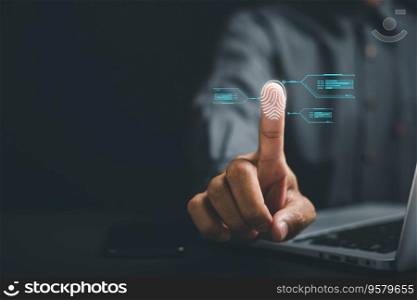 Cyber detective scanning biometric fingerprints for access control. Futuristic technology concept with a human hand pointing on a digital screen. Unleash the power of biometrics for enhanced security.